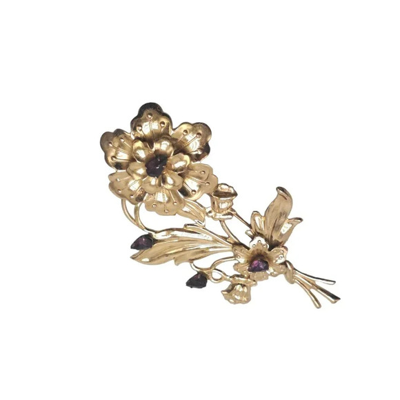 Sterling Silver Purple Rhinestone Flower Brooch Pin Gold Vermeil Vintage - Picture 2 of 6